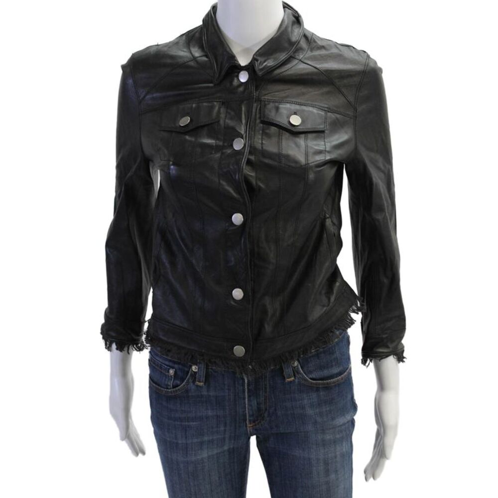 JKT Womens Biker Leather Jacket Black Collared 3/4 Sleeve Size XS